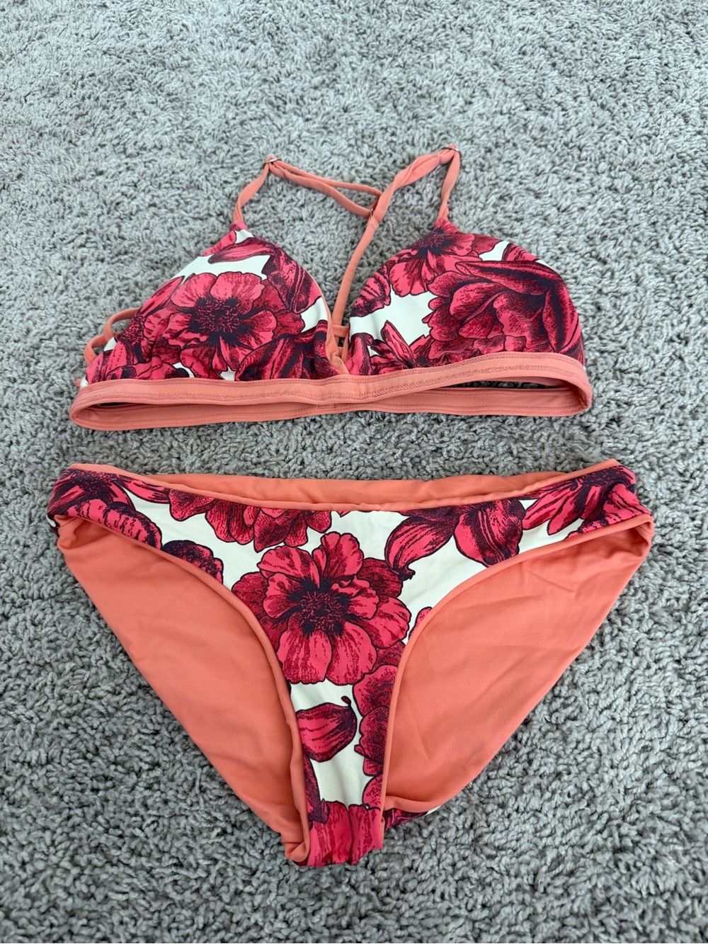 Maaji Coral Bikini Set with Pink Floral Reversible Bottoms